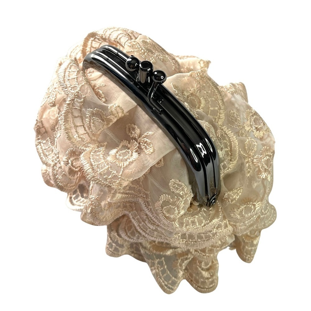 Beige Lace Clutch Wallet with Black Frame Closure